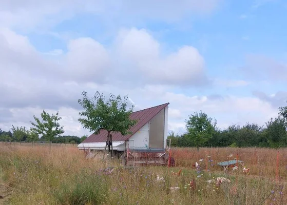Ein Hühnerstall auf einer Wiese