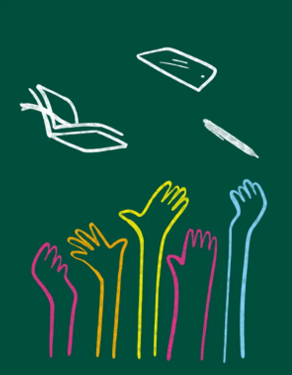 Das Bild zeigt mehrere skizzierte Hände, die von unten nach oben greifen. Sie greifen nach einem Buch, einem Tablet und einem Stift.