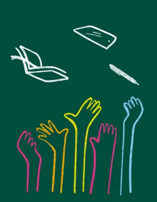 Das Bild zeigt mehrere skizzierte Hände, die von unten nach oben greifen. Sie greifen nach einem Buch, einem Tablet und einem Stift.