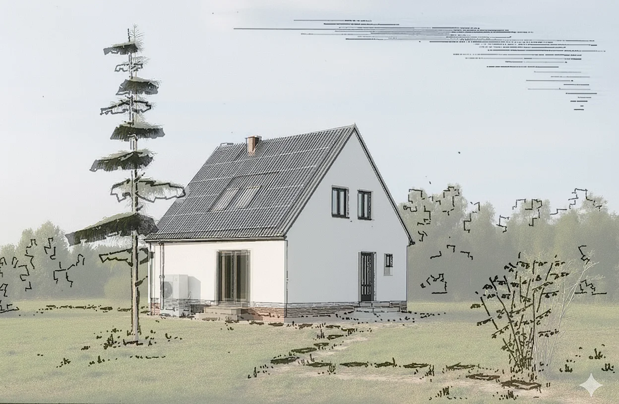 Originaldarstellung von Wilfried Stallknecht zur EW 58-Serie, kombiniert mit einer KI-Visualisierung, die energetische Sanierungsoptionen aufzeigt.