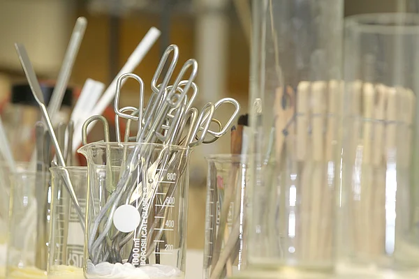 Hier stehen mehrere Bechergläser mit Pipetten, Scheren und Klemmen.