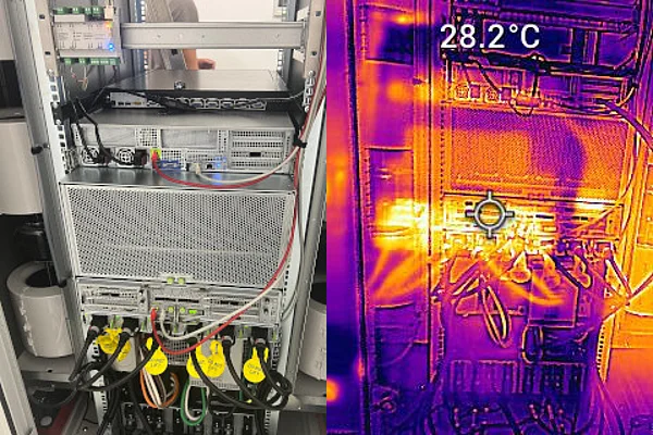 On the left is a view into the server, on the right is an infrared image showing the heat emission