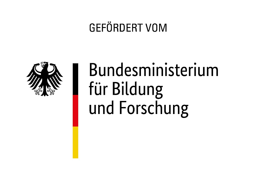 Offizielles Logo des Bundesministeriums für Bildung und Forschung. Die Bildwortmarke besteht aus dem Bundesadler, der stilisierten Fahne (auch „Flaggenstab“ genannt) und dem Schriftzug „Bundesministerium für Bildung und Forschung“. Mittig darüber steht „Gefördert vom“.