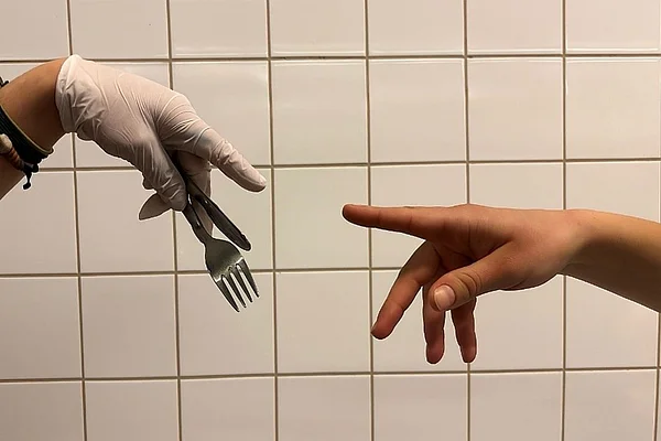Foto von zwei Händen vor einer Küchenwand im Stil des berühmten Gemäldes von Michelangelo („Die Erschaffung Adams“). Entstand im Rahmen des Moduls „Studienpartner Ökobranche“ (2. Fachsemester).