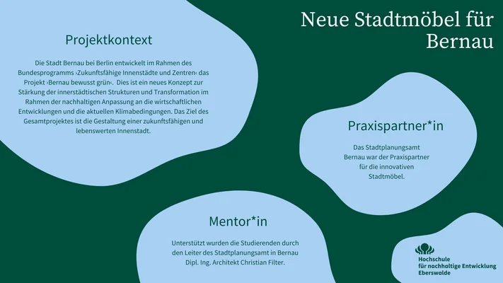 In der Infografik wird die Praxispartnerin, die Mentor*innen und der Projektkontext des Mikroprojektes Neue Stadtmöbel für Bernau vorgestellt. Die Stadt Bernau bei Berlin entwickelt im Rahmen des Bundesprogramms ›Zukunftsfähige Innenstädte und Zentren‹ das Projekt ›Bernau bewusst grün‹.  Dies ist ein neues Konzept zur Stärkung der innerstädtischen Strukturen und Transformation im Rahmen der nachhaltigen Anpassung an die wirtschaftlichen Entwicklungen und die aktuellen Klimabedingungen. Das Ziel des Gesamtprojektes ist die Gestaltung einer zukunftsfähigen und lebenswerten Innenstadt. Das Stadtplanungsamt Bernau war der Praxispartner für die innovativen Stadtmöbel. Unterstützt wurden die Studierenden durch den Leiter des Stadtplanungsamt in Bernau Dipl. Ing. Architekt Christian Filter
