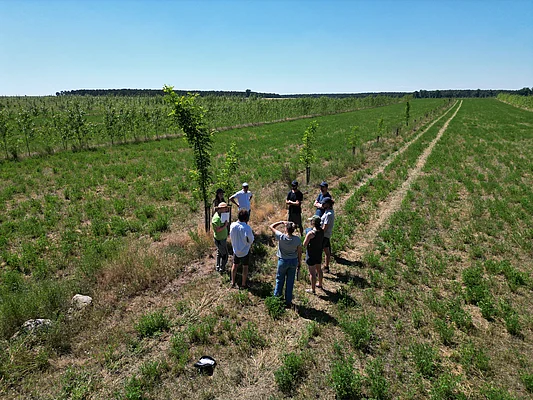 eine Menschengruppe steht auf einem Feld