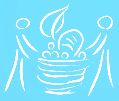 Zwei stilisierte Figuren halten einen Erntekorb zwischen sich.